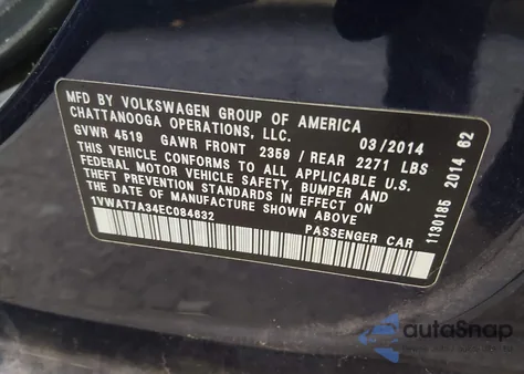 2014 Volkswagen Passat 1.8T Wolfsburg Edition z USA, uszkodzony, nr VIN 1VWAT7A34EC084632